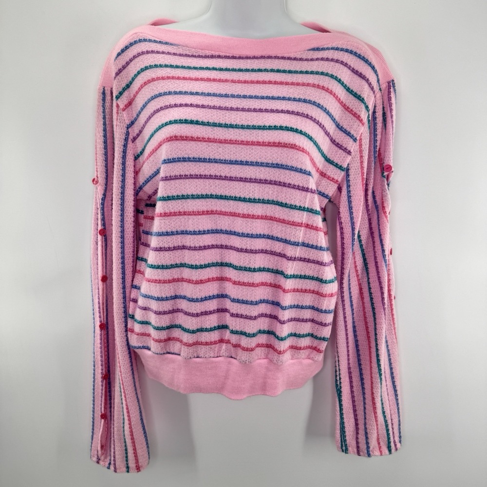 VTG Sweater Women M/L 80s Pop Bubble Gum Pink Waffle Kawaii Button Rainbow
